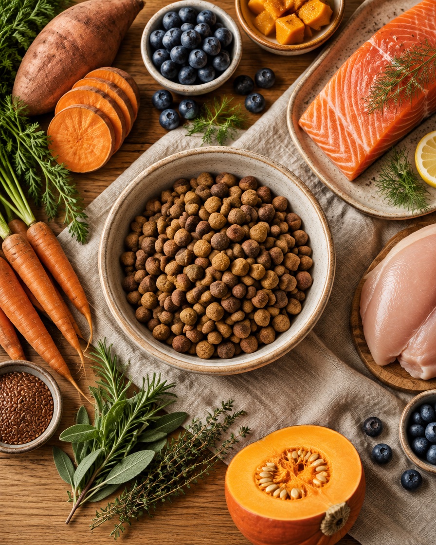 Fresh ingredients around a bowl of dog food